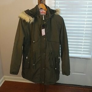 HanTon Dark Olive Winter Parka Coat Jacket Detachable Hoodie Fully Line Size 2XL